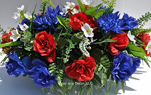 Product: Summer Patriotic Cemetery Flowers with Red Roses, Blue Spider Mums, Blue Roses, and White Forget-me-nots headstone saddle arrangement