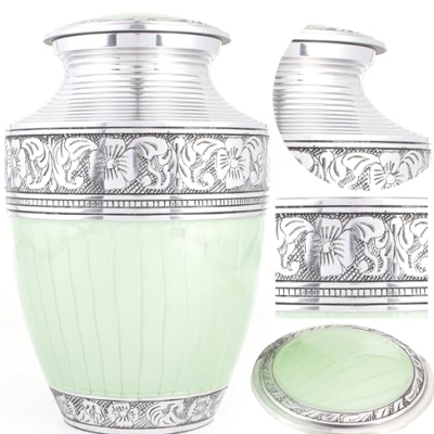 Product: Handcrafted Metal Alloy Cremation Urn for Human Ashes - Large, Engraved, Decorative Funeral Memorial Urn with Secure Screw-On Lid Hold Remains up to 200 lbs 10.5" (Green Silver) - ALPHA Living HOME