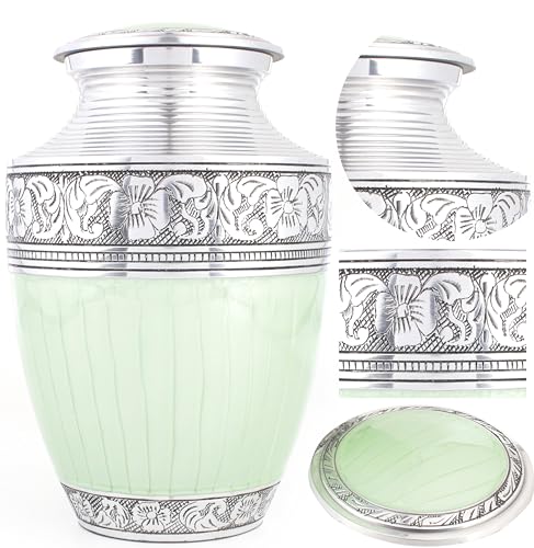 Product: Handcrafted Metal Alloy Cremation Urn for Human Ashes - Large, Engraved, Decorative Funeral Memorial Urn with Secure Screw-On Lid Hold Remains up to 200 lbs 10.5" (Green Silver) - ALPHA Living HOME