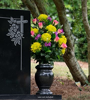 Product: Sympathy Silks Artificial Cemetery Flowers – Realistic Vibrant Roses, Outdoor Grave Decorations - Non-Bleed Colors, and Easy Fit - 1 Lime Mum and Lavender Rose Bouquet