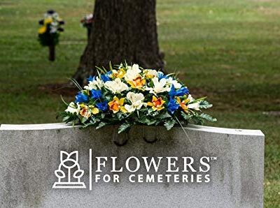 Silky Flower Store Artificial Cemetery Flowers, Blue Tulip White Iris Headstone Saddle, Outdoor Grave Decoration, 30cm 16 16 Product: Sympathy Silks Artificial Cemetery Flowers – Realistic Vibrant Tulips, Outdoor Grave Decorations - 30" Blue Tulip White Iris Saddle for Headstone