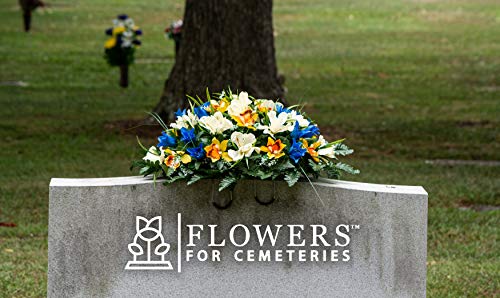 Silky Flower Store Artificial Cemetery Flowers, Blue Tulip White Iris Headstone Saddle, Outdoor Grave Decoration, 30cm 7 7 Product: Sympathy Silks Artificial Cemetery Flowers – Realistic Vibrant Tulips, Outdoor Grave Decorations - 30" Blue Tulip White Iris Saddle for Headstone