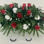 Product: Cemetery Saddle Headstone Decoration with Red and White Roses for Mother's Day, Father's Day, Memorial Day, and Labor Day