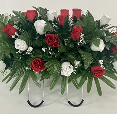 Product: Cemetery Saddle Headstone Decoration with Red and White Roses for Mother's Day, Father's Day, Memorial Day, and Labor Day