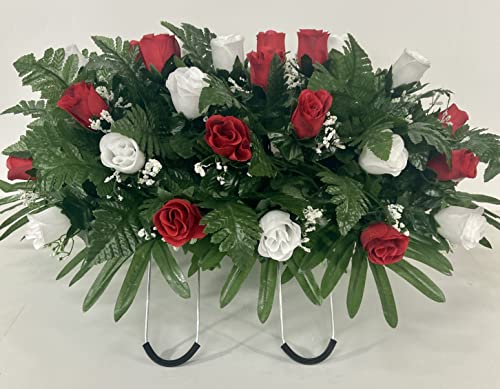 Product: Cemetery Saddle Headstone Decoration with Red and White Roses for Mother's Day, Father's Day, Memorial Day, and Labor Day