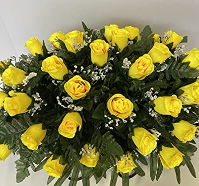 Silky Flower Store Yellow Rose Baby's Breath Cemetery Headstone Saddle Arrangement, Faux Memorial Flowers, Low Maintenance 3-4 Months 20.5cm 5 5 Product: Yellow Rose with Baby's Breath Flowers Cemetery Headstone Saddle Arrangement