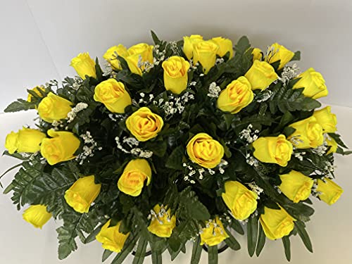 Silky Flower Store Yellow Rose Baby's Breath Cemetery Headstone Saddle Arrangement, Faux Memorial Flowers, Low Maintenance 3-4 Months 20.5cm 1 1 Product: Yellow Rose with Baby's Breath Flowers Cemetery Headstone Saddle Arrangement