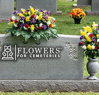Product: Sympathy Silks Artificial Cemetery Flowers – Realistic Vibrant Wildflowers Outdoor Grave Decorations - Non-Bleed Colors- 1 Red Yellow Wildflower Bouquet, 1 Matching Saddle, & 1 vase Included