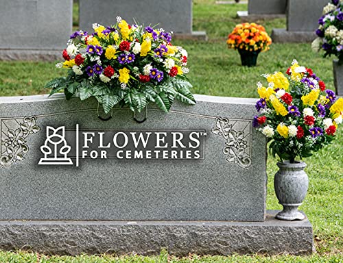Product: Sympathy Silks Artificial Cemetery Flowers – Realistic Vibrant Wildflowers Outdoor Grave Decorations - Non-Bleed Colors- 1 Red Yellow Wildflower Bouquet, 1 Matching Saddle, & 1 vase Included