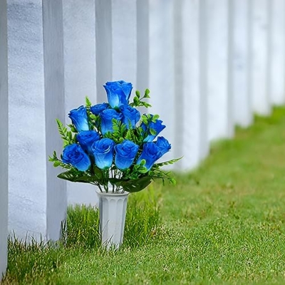 Product: Artificial Cemetery Flowers with Vase, Artificial White Rose Bouquet Grave Memorial Flowers for Cemetery Headstones Decoration, (Set of 2, Blue) Self-assemble