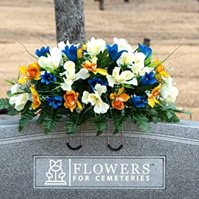 Silky Flower Store Artificial Cemetery Flowers, Blue Tulip White Iris Headstone Saddle, Outdoor Grave Decoration, 30cm 11 11 Product: Sympathy Silks Artificial Cemetery Flowers – Realistic Vibrant Tulips, Outdoor Grave Decorations - 30" Blue Tulip White Iris Saddle for Headstone