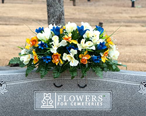Silky Flower Store Artificial Cemetery Flowers, Blue Tulip White Iris Headstone Saddle, Outdoor Grave Decoration, 30cm 2 2 Product: Sympathy Silks Artificial Cemetery Flowers – Realistic Vibrant Tulips, Outdoor Grave Decorations - 30" Blue Tulip White Iris Saddle for Headstone
