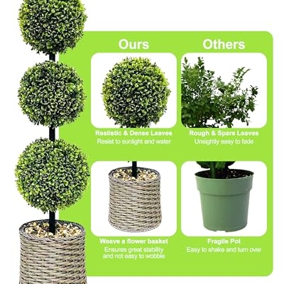 Product: ChrisXiao 3ft Artificial Triple Ball Boxwood Topiary Tree Set of 2, Artificial All Year Green Fake Plant Ball Trees, UV-Resistant Indoor/Outdoor Porch Decor with Sturdy Pot