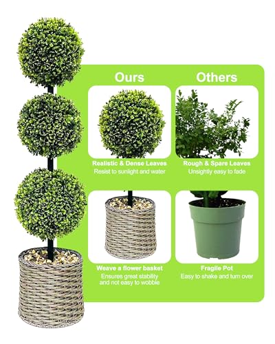Product: ChrisXiao 3ft Artificial Triple Ball Boxwood Topiary Tree Set of 2, Artificial All Year Green Fake Plant Ball Trees, UV-Resistant Indoor/Outdoor Porch Decor with Sturdy Pot