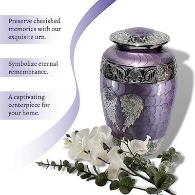 Silky Flower Store Purple Human Ashes Cremation Urn, Angel Wings Memorial Urn, Large Adult Ashes Keepsake, 10.5in 8 8 Product: Purple Urn for Human Ashes Adult Female and Male – Elegant Large Cremation Urns with Angel Wings, Decorative Funeral Memorial Burial Urn