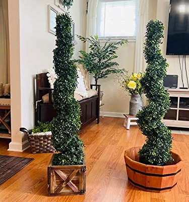 Product: Two 4 Foot Outdoor Artificial Boxwood Spiral Topiary Trees UV Rated Plants