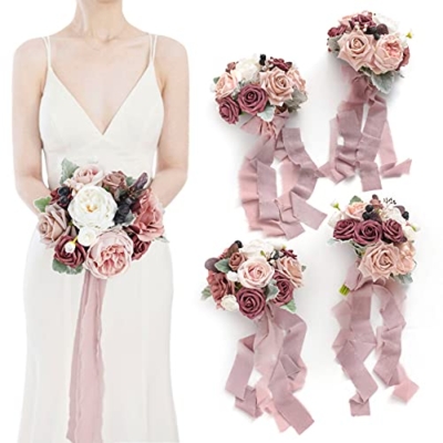 Product: Ling's Moment Artificial Flowers Pink Bridesmaid Bouquet Set of 4, Dusty Rose Wedding Flowers Bouquets for Bridesmaids, 7 Inch Bridal Bouquets for Bridesmaids, Wedding Decor, Ceremony, etc