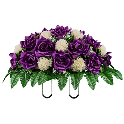 Product: Sympathy Silks Artificial Cemetery Flowers - Realistic - Outdoor Grave Decorations - Non-Bleed Colors, and Easy Fit - Purple Open Rose with Peach Cream Mum Saddle for Headstone