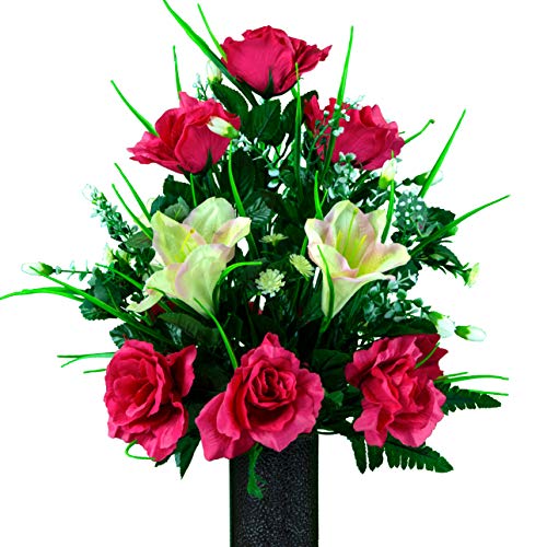 Product: Sympathy Silks Artificial Cemetery Flowers – Realistic Vibrant Roses, Outdoor Grave Decorations - Non-Bleed Colors, and Easy Fit -2 Cream Pink Amaryllis & Fuchsia Rose Bouquet with Saddle
