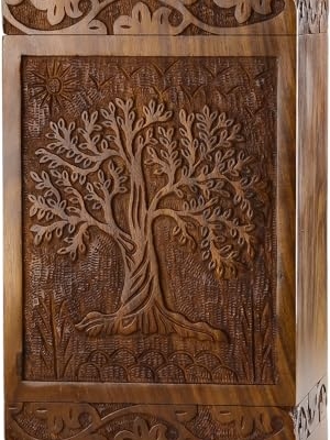 Product: INTAJ Handcarved Wooden Cremation Urn for Human Ashes - Tree of Life Design, 250 lbs Capacity, Suitable for Adult Men and Women - Decorative Funeral Urn Box and Casket