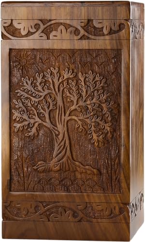 INTAJ Handcarved Wooden Cremation Urn for Human Ashes - Tree of Life Design, 250 lbs Capacity, Suitable for Adult Men and Women - Decorative Funeral Urn Box and Casket - Artificial Flower Arrangements Product: INTAJ Handcarved Wooden Cremation Urn for Human Ashes - Tree of Life Design, 250 lbs Capacity, Suitable for Adult Men and Women - Decorative Funeral Urn Box and Casket
