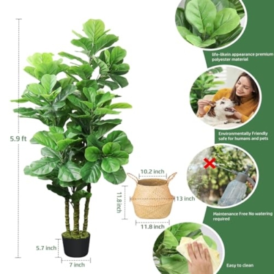 Product: ROOMTEC Artificial Fiddle Leaf Fig Tree,6 FT Tall Artificial Tree with Woven Seagrass Plant Basket Fake Floor Plant in Pot for Home Decor Living Room Indoor Outdoor Office Bedroom Decor