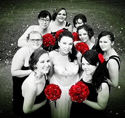 Product: Angel Isabella Build Your Wedding Package-Artificial Flower Bouquet Corsage Boutonniere Rose Calla Lily Red White Black Wedding Theme (Long Cascade Bouquet)