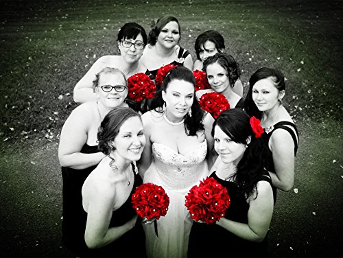Product: Angel Isabella Build Your Wedding Package-Artificial Flower Bouquet Corsage Boutonniere Rose Calla Lily Red White Black Wedding Theme (Long Cascade Bouquet)