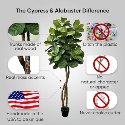 Silky Flower Store Fiddle Leaf Fig Artificial Tree, Cypress & Alabaster Handmade Green Faux Tree, Real Wood Trunk, 6ft 13 13 Product: Cypress & Alabaster Handmade 6ft Fiddle Leaf Fig Ficus Lyrata Artificial Tree with Ethically Sourced Real Wood Trunks, Hypoallergenic, 6-Foot, Green