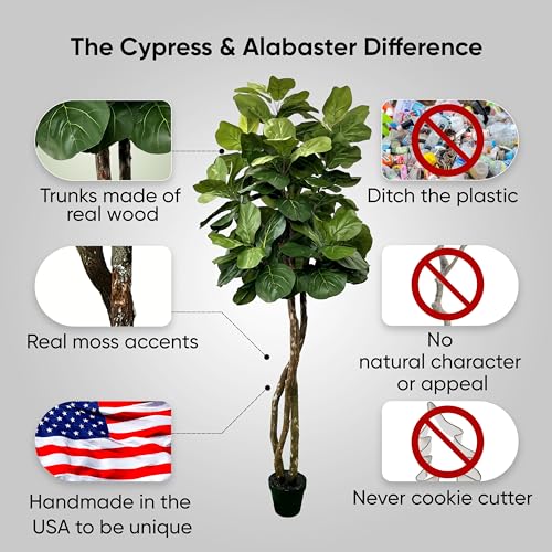 Silky Flower Store Fiddle Leaf Fig Artificial Tree, Cypress & Alabaster Handmade Green Faux Tree, Real Wood Trunk, 6ft 4 4 Product: Cypress & Alabaster Handmade 6ft Fiddle Leaf Fig Ficus Lyrata Artificial Tree with Ethically Sourced Real Wood Trunks, Hypoallergenic, 6-Foot, Green