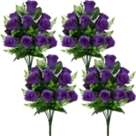 Product: SIFOEL Artificial Rose Flowers Bouquet Realistic Silk Rose Fake Flowers for Wedding Home Centerpiece Party Cemetery Grave Decoration (4, Purple)
