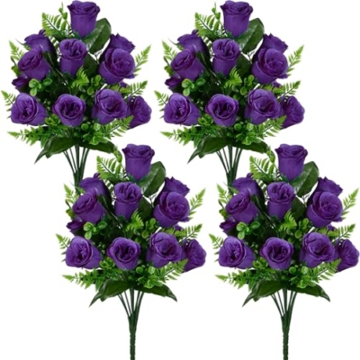 Product: SIFOEL Artificial Rose Flowers Bouquet Realistic Silk Rose Fake Flowers for Wedding Home Centerpiece Party Cemetery Grave Decoration (4, Purple)