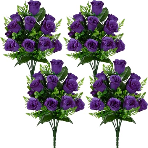 Product: SIFOEL Artificial Rose Flowers Bouquet Realistic Silk Rose Fake Flowers for Wedding Home Centerpiece Party Cemetery Grave Decoration (4, Purple)