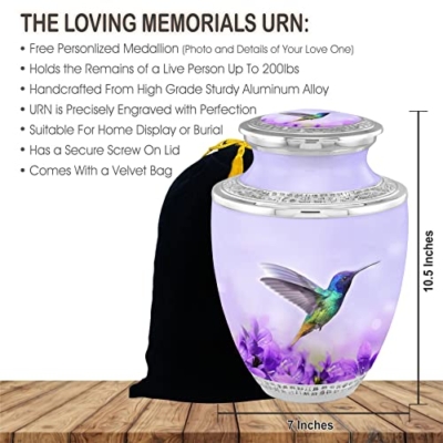 Silky Flower Store Personalized Hummingbird Flower Cremation Urn, Adult Ashes Burial Urn, Velvet Bag, 200lbs, 32.5cm 8 8 Product: Personalized Medallion Hummingbird Flowers Cremation Urns for Adult Ashes Male Female - 200lbs Burial Urns for Human Ashes - Handcrafted Funeral Decorative Urns for Ashes Adult Male with Velvet Bag