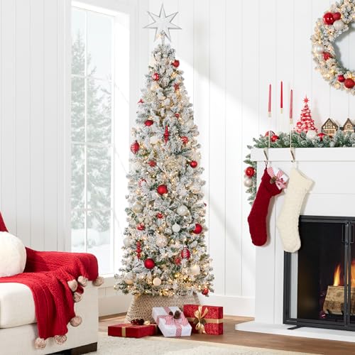 Product: Best Choice Products Flocked Pencil Christmas Tree, Pre-Lit Slim Artificial Holiday Decoration, 4.5ft Lighted Skinny w/Base, Warm White Lights