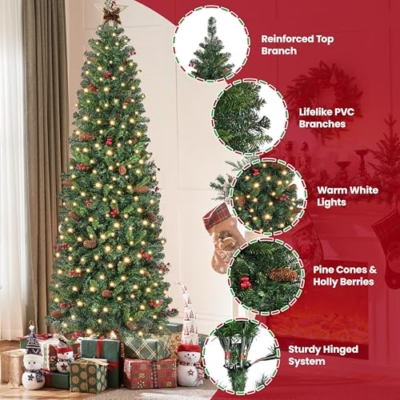 Silky Flower Store Pre Lit Slim Pencil Spruce Christmas Tree, Warm White Lights, Pine Cones, Metal Base, 7.5ft 14 14 Product: Yaheetech 7.5ft Pre-lit Pencil Spruce Christmas Tree, Artificial Slim Xmas Fir, Pre-Decorated for Home, Office, Party, Holiday Decor W/ 948 Tips, 350 Lights, Pine Cones, Metal Hinges & Base, Green