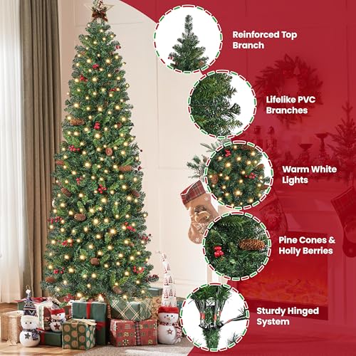 Silky Flower Store Pre Lit Slim Pencil Spruce Christmas Tree, Warm White Lights, Pine Cones, Metal Base, 7.5ft 5 5 Product: Yaheetech 7.5ft Pre-lit Pencil Spruce Christmas Tree, Artificial Slim Xmas Fir, Pre-Decorated for Home, Office, Party, Holiday Decor W/ 948 Tips, 350 Lights, Pine Cones, Metal Hinges & Base, Green