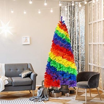 Product: Goplus 7ft Artificial Colorful Rainbow Christmas Tree, Full Fir Hinged Xmas Tree with 1213 Branch Tips, Solid Metal Stand, Perfect for Indoor Outdoor Holiday Seasonal Decoration