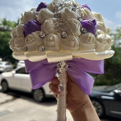 Product: Sharebeauty 9.4" Handmade Satin Rose Bridal Bouquet Toss Round Wedding Bouquet Throw Toss Artificial Flower Bunch Ivory + Bright Lavender