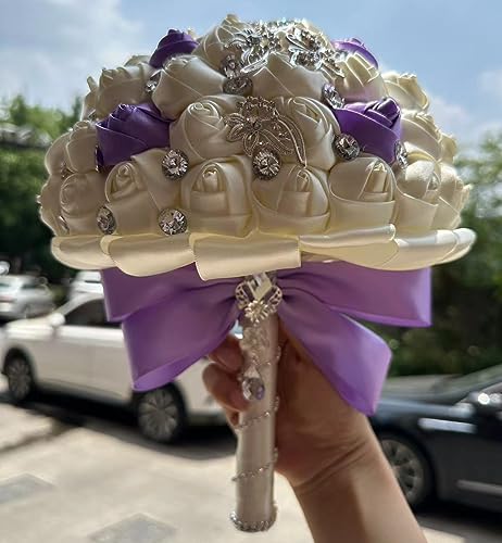 Product: Sharebeauty 9.4" Handmade Satin Rose Bridal Bouquet Toss Round Wedding Bouquet Throw Toss Artificial Flower Bunch Ivory + Bright Lavender