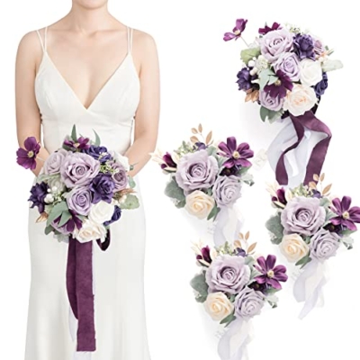 Product: Ling's Moment Artificial Flowers Purple Bridesmaid Bouquet Set of 4, Lilac and Gold Wedding Flowers Bouquets for Bridesmaids, 7 Inch Bridal Bouquets for Bridesmaids, Wedding, Ceremony, Anniversary, et