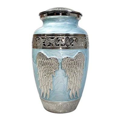 Product: Blue Angel Funeral Cremation Urn, Brass Large Angel Wings Urn with Custom Engraving