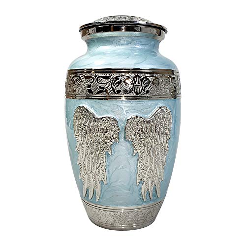 Product: Blue Angel Funeral Cremation Urn, Brass Large Angel Wings Urn with Custom Engraving