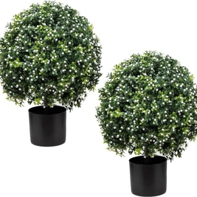 Product: Artificial Boxwood Topiary Ball Tree Outdoor Porch Trees Set of 2 22'' T * 15'' D, Faux Boxwood Plants Outdoor Home Garden Christmas Decorations for Home Porch (White)