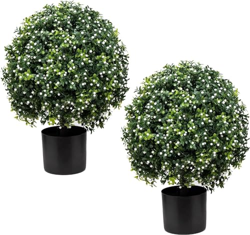 Product: Artificial Boxwood Topiary Ball Tree Outdoor Porch Trees Set of 2 22'' T * 15'' D, Faux Boxwood Plants Outdoor Home Garden Christmas Decorations for Home Porch (White)