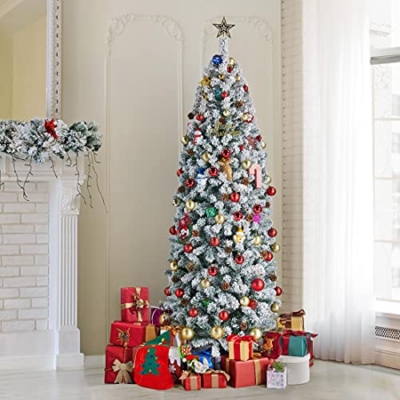 Silky Flower Store Yaheetech Snow Flocked Fir Pencil Christmas Tree, Slim Corner Artificial Xmas Tree, Metal Stand, White, 6Ft 10 10 Product: Yaheetech 6Ft Snow Flocked Fir Pencil Christmas Tree Slim Corner Hinged Artificial Xmas Tree with 814 Branch Tips and Metal Stand, Holiday Decoration for Home, Office, Party, White