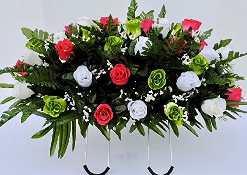 Spring Cemetery Flowers for Headstone and Grave Decoration-Pink Green and White Rose Mix Saddle - Artificial Flower Arrangements Product: Spring Cemetery Flowers for Headstone and Grave Decoration-Pink Green and White Rose Mix Saddle