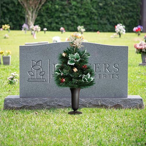 Product: Sympathy Silks Artificial Cemetery Flowers - Gravesite Flowers - Gold Topper Christmas Tree w Holly and Presents - (1) Tree (1) Cemetery Vase