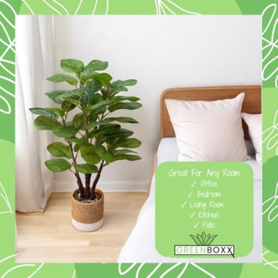Product: GreenBoxx 35" Artificial Fiddle Leaf Fig Tree Faux Plant - Green Fake Boho Ficus Plants - 45 Leaves Large Cement Pot for Home Decor, Office, Store, Indoor/Outdoor Natural Floor Trees Fake Plant