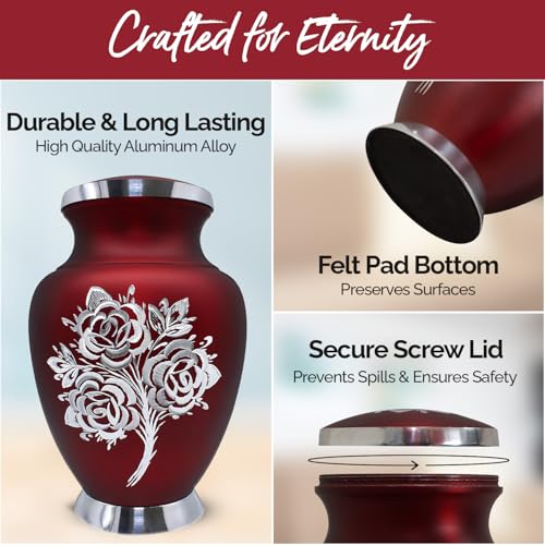 Silky Flower Store Rose Cremation Urn for Ashes, Handcrafted Red Funeral Urn for Women Men, Large Memorial Urn 200 Cubic Inches, 32.5cm 3 3 Product: Rose Cremation Urn for Ashes for Women & Men - Handcrafted Rose Urns for Human Ashes Adult Female & Male - Funeral Urns for Women - Honor Your Loved Ones with Decorative Urns (Red, Large)